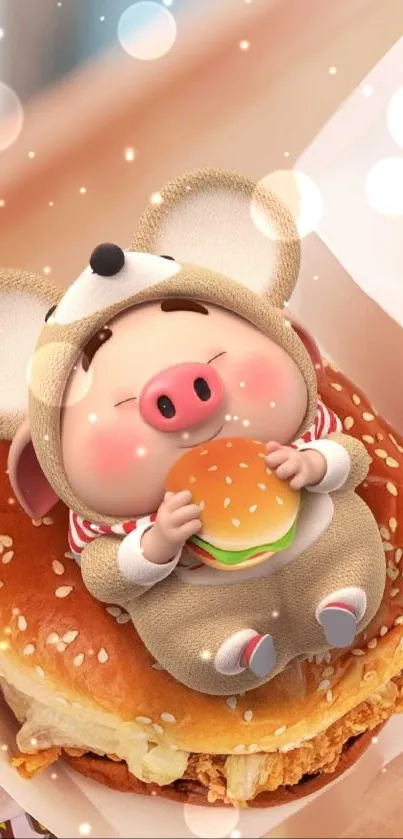 Cute pig in mouse costume on a burger for mobile wallpaper.