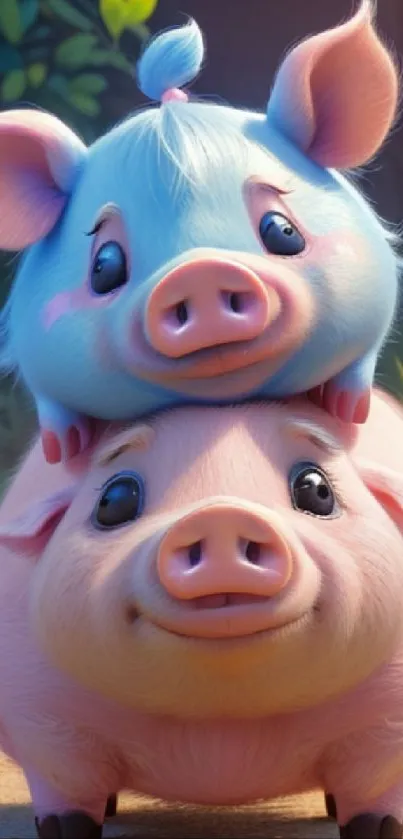 Cute cartoon pigs stacked in playful pose.