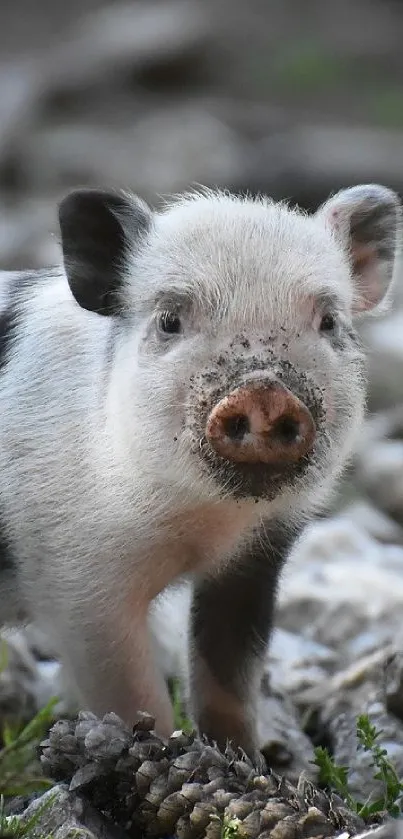 Cute piglet standing in a natural forest setting, perfect for mobile background.