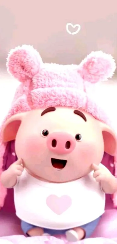 Cute piglet with pink fluffy hat and heart design on mobile wallpaper.