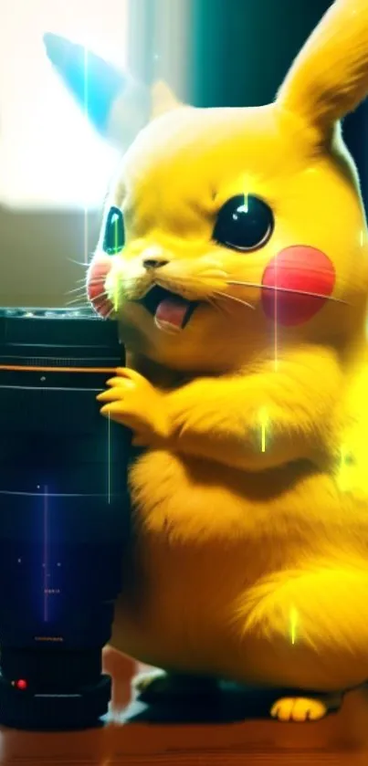 Cute Pikachu with a camera in a vibrant yellow background.