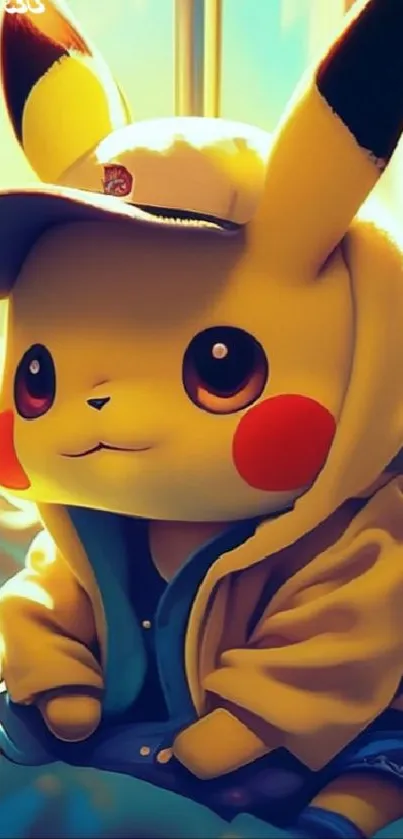 Pikachu in a yellow hoodie and cap, sitting adorably.