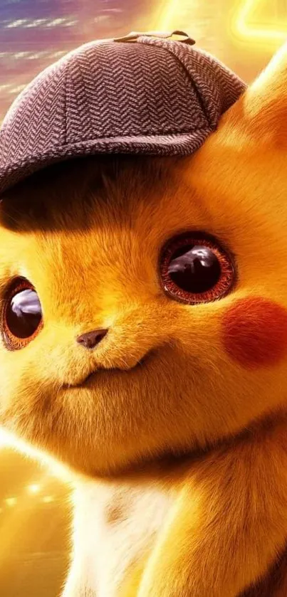 Cute Pikachu with detective hat in yellow tones.