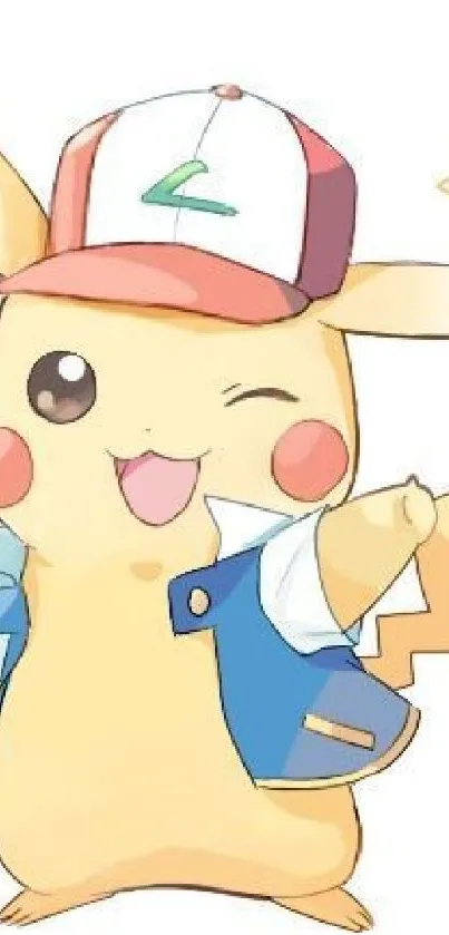 Pikachu winking with a red cap and blue vest on a white background.