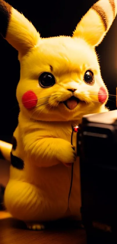 Charming Pikachu with soft lantern light in mobile wallpaper.