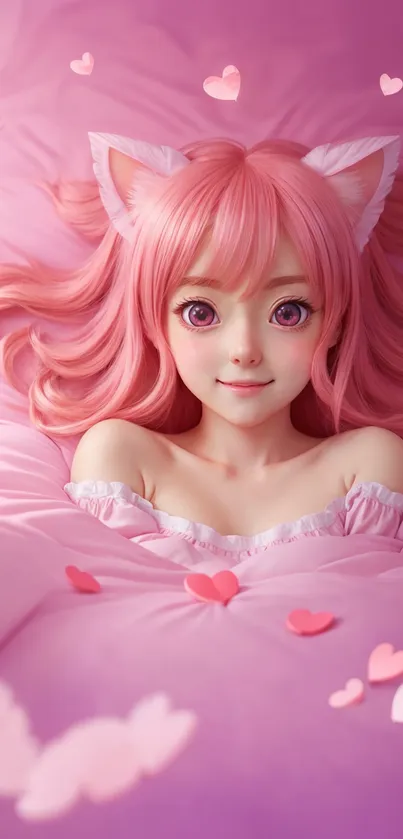 Adorable anime character with pink hair and heart accents.