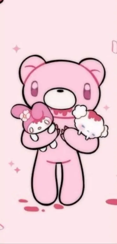 Adorable pink bear holding cute cartoon characters on a soft pink background.