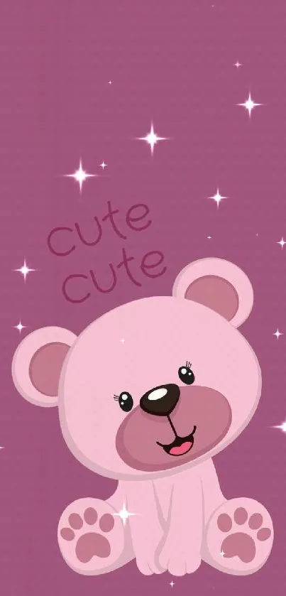 Adorable pink cartoon bear on mauve background wallpaper.