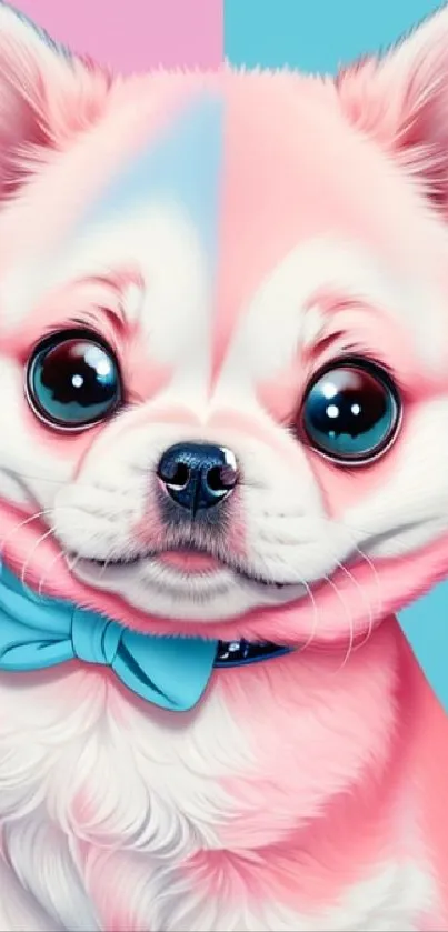 Adorable puppy art in pink and blue with large eyes and a bow.