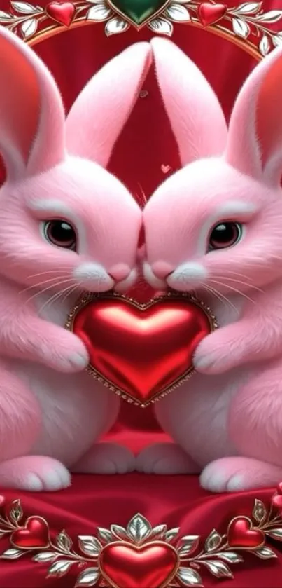 Two pink bunnies holding a red heart with floral decorations.