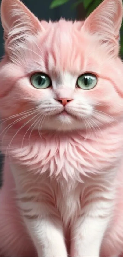 Adorable fluffy pink cat with green eyes