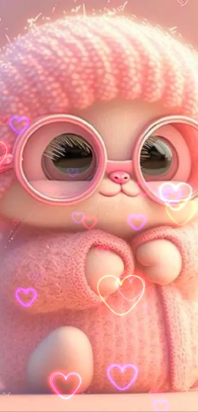 Adorable kitten in glasses with a fuzzy pink sweater.