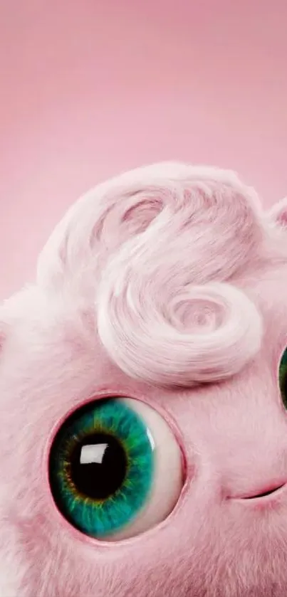 Adorable pink creature with big eyes on a fluffy background.