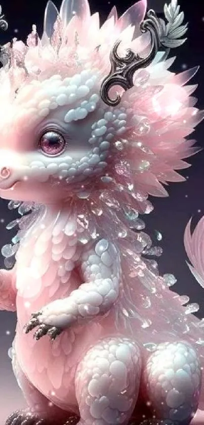 Adorable pink dragon with bubbles on a dark background.