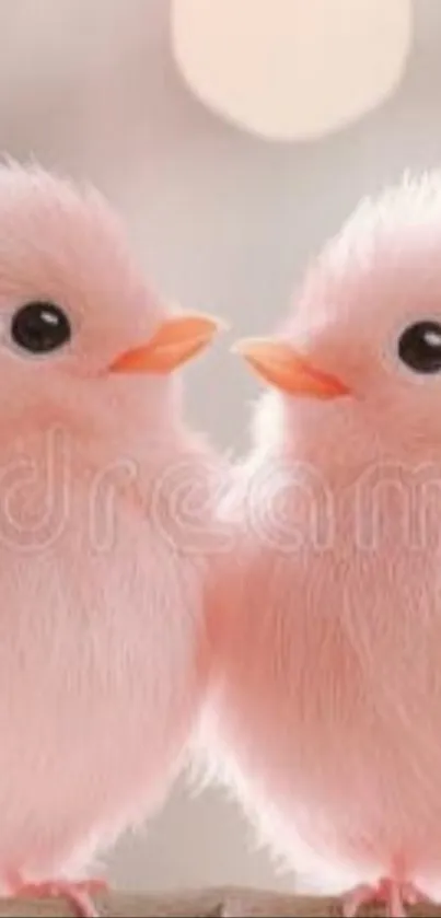 Two fluffy pink chicks facing each other cutely.