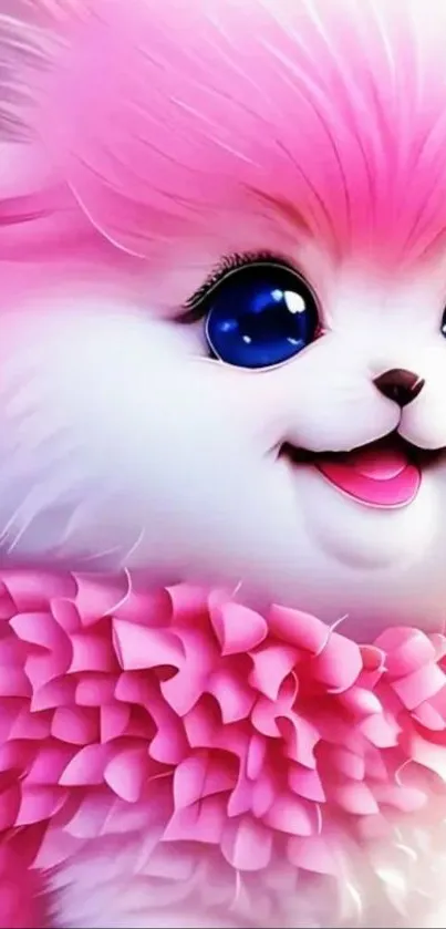 Adorable pink animal with blue eyes on wallpaper.