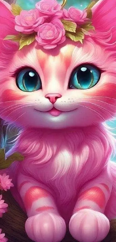 Adorable pink cat with flowers, cartoon style.