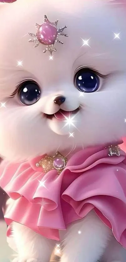 Cute fluffy puppy in pink with sparkling eyes and dress.