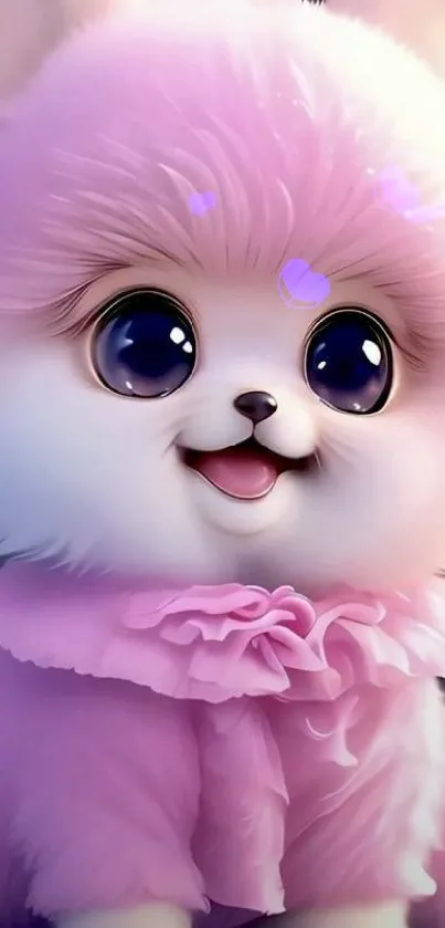 Adorable pink fluffy puppy with big eyes and a soft fur coat.