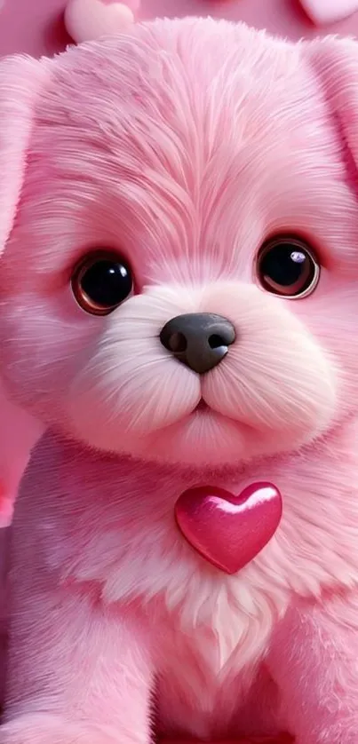 Cute pink puppy with heart pendant on pink background.