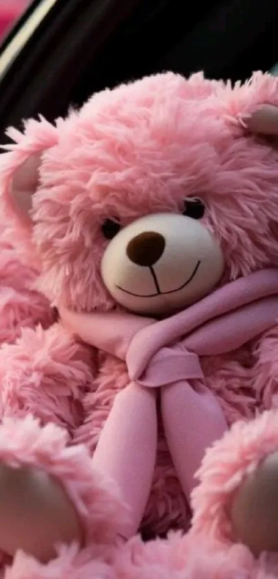 Adorable pink teddy bear with plush texture and cozy appearance.