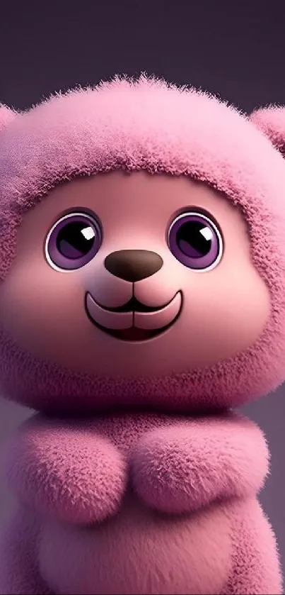 Adorable pink teddy bear with purple eyes on a fluffy background.