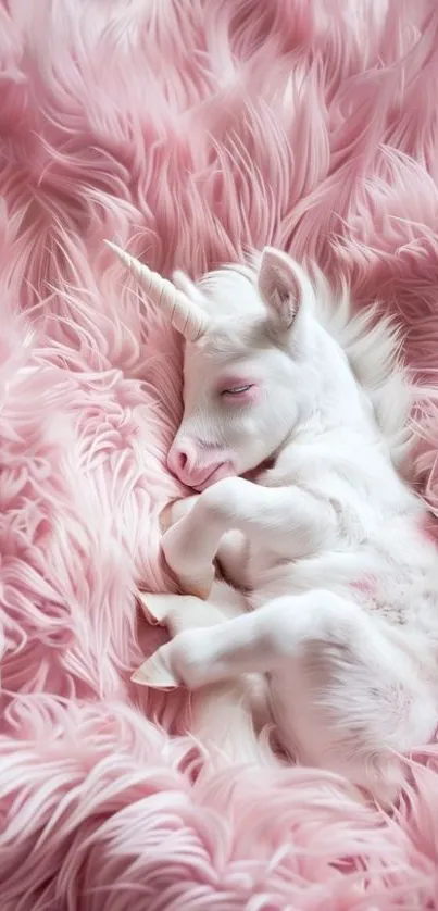 Cute unicorn sleeping on pink fluffy background.