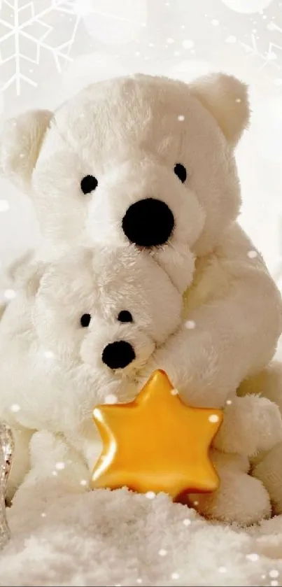 Cute polar bear plush toy with snowflakes and star.