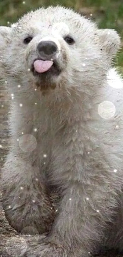 Adorable polar bear cub sticking out its tongue.