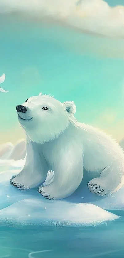 Illustrated polar bear resting on ice under a serene blue sky.