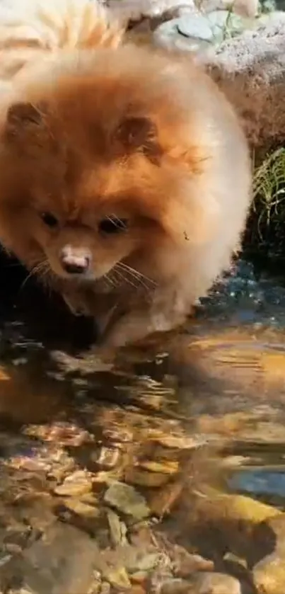 Fluffy Pomeranian exploring near a gentle stream.