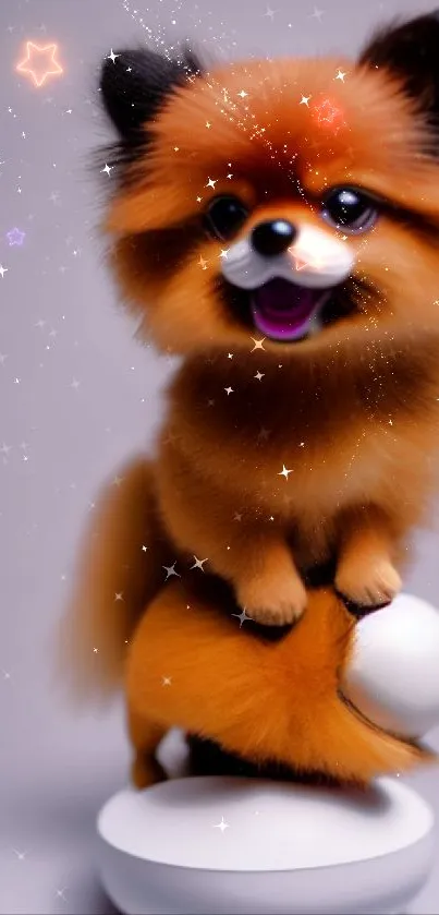 Adorable orange Pomeranian puppy on phone wallpaper.