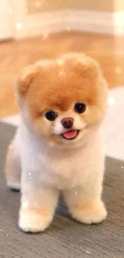 Adorable Pomeranian puppy on a cozy rug.