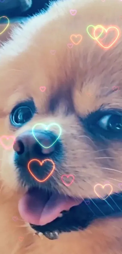 Cute Pomeranian puppy with neon heart overlays on a tan background.