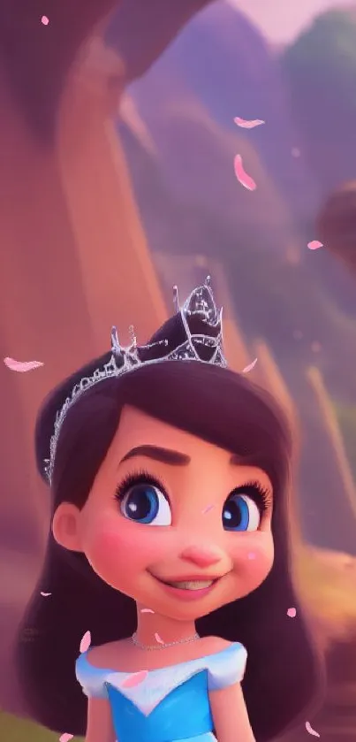 Cute princess with dark hair and blue dress in a whimsical cartoon setting.