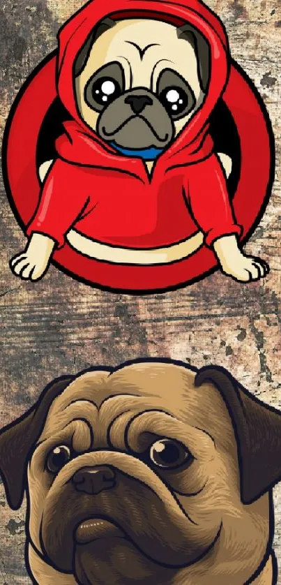 Adorable cartoon pug with textured background.