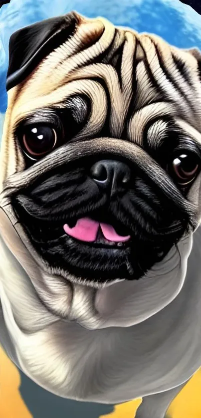 Charming pug with a cosmic-themed background.