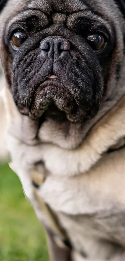 An adorable pug dog with soft fur in a natural setting.