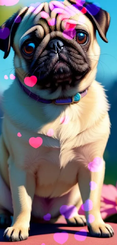 Adorable pug sitting in a colorful flower garden with blue skies.