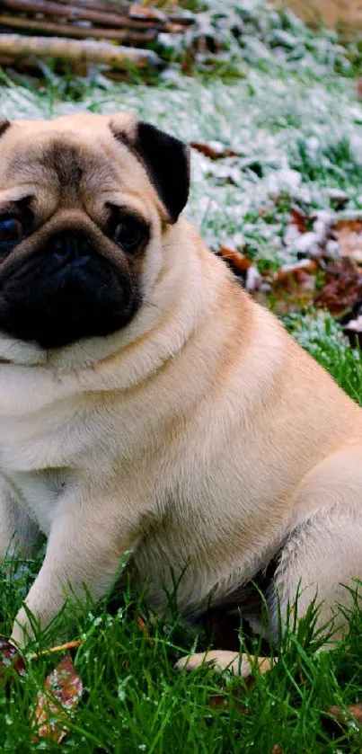 Adorable pug sitting in a snowy winter garden with green grass.