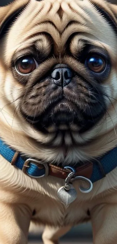 Cute pug puppy with blue collar.