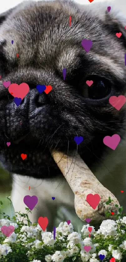 Adorable pug puppy chewing a bone in a grassy outdoor setting.