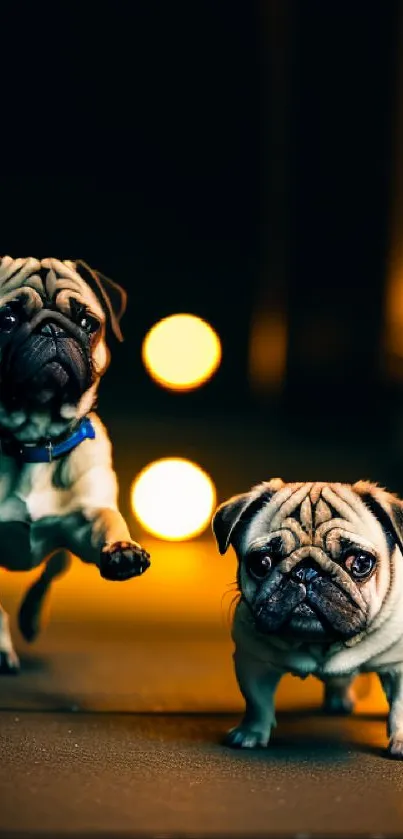 Two adorable pugs under warm glowing lights, creating a cozy atmosphere.