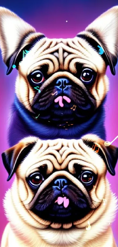 Two pugs on a colorful galaxy-themed mobile wallpaper.