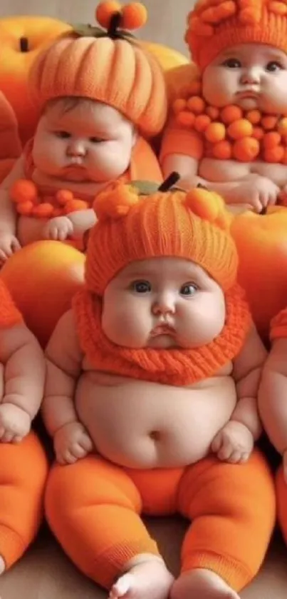 Adorable babies in pumpkin costumes with orange background.