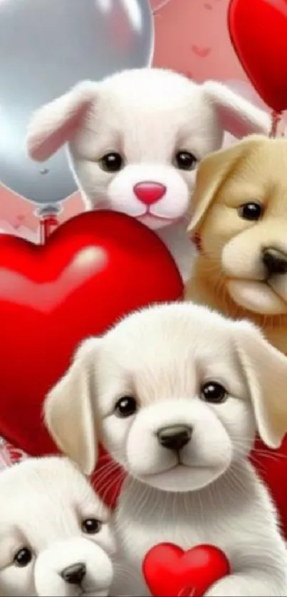 Adorable puppies with heart-shaped balloons wallpaper.