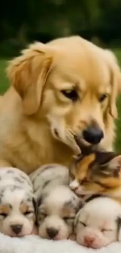 Golden retriever with sleeping puppies and kitten in nature.