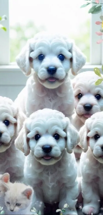 Adorable puppies and kittens with floral decor near a bright window.