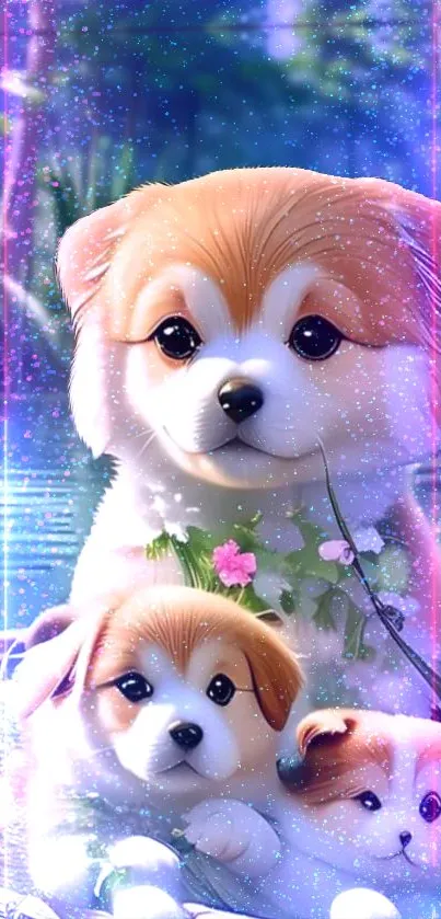 Cute puppies in a sparkly fantasy garden art wallpaper.