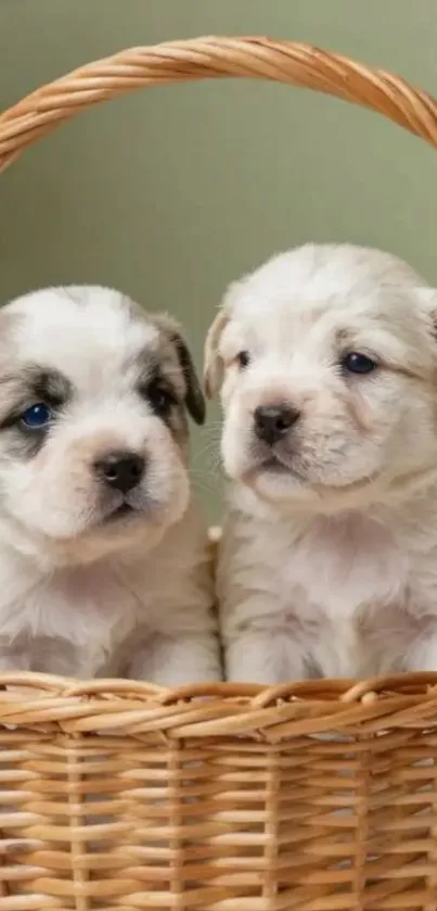 Two adorable puppies in a woven basket.